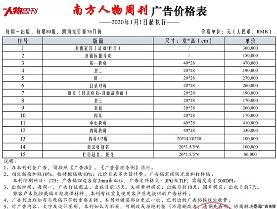 南方人物周刊广告价格