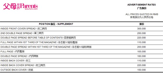 父母世界杂志广告投放别册最新价格