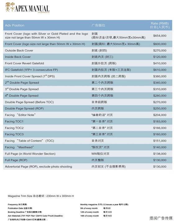 富甲天下杂志广告价格