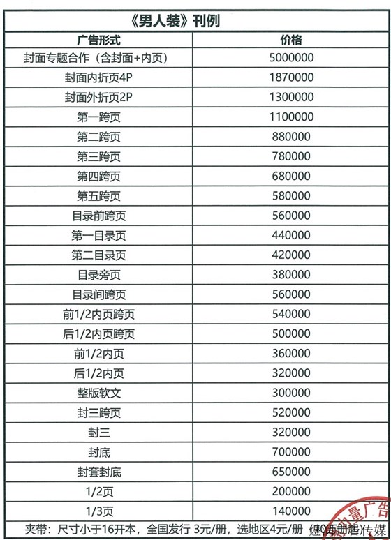 男人装杂志广告价格